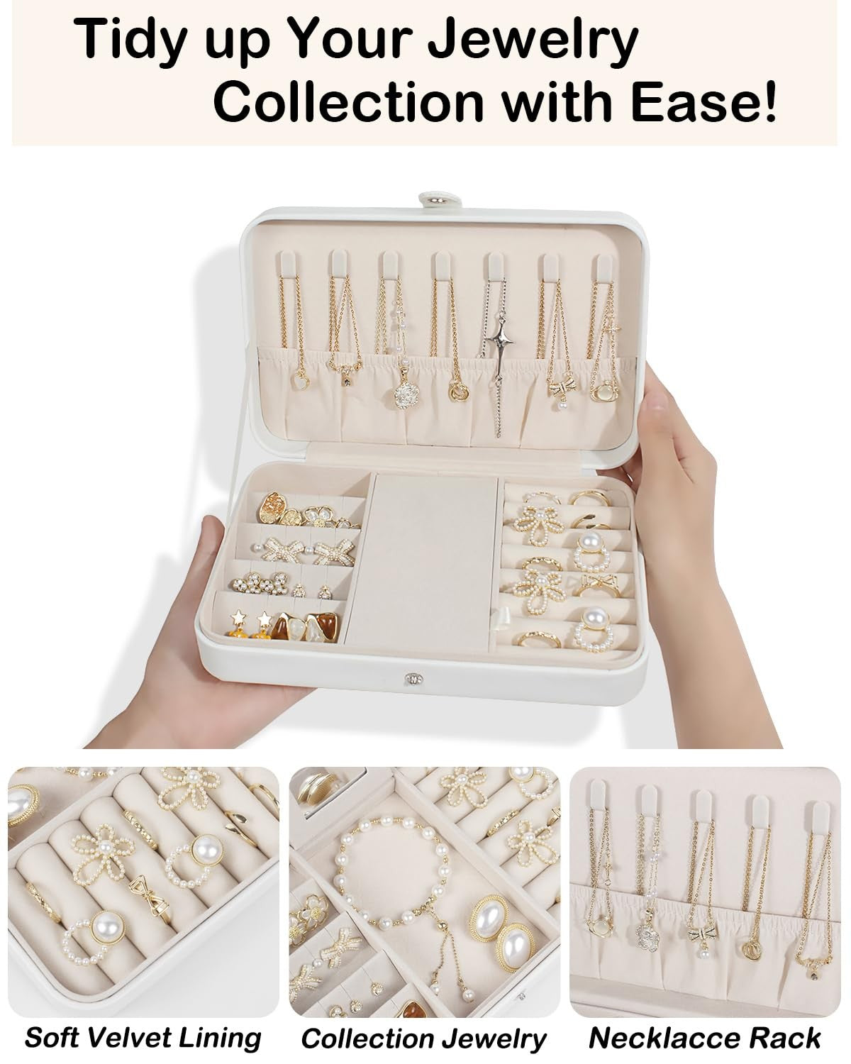 Travel Jewelry Case - Portable Organizer with 1 Layer in White