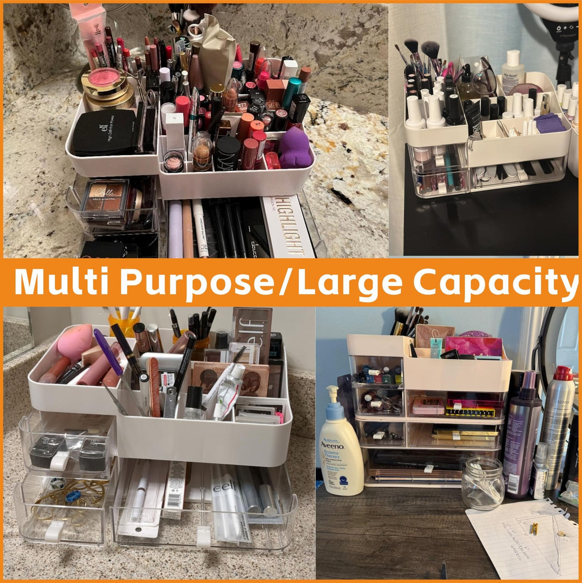 Pink Makeup Organizer with 3 Drawers - Large Vanity Storage for Skincare & Cosmetics