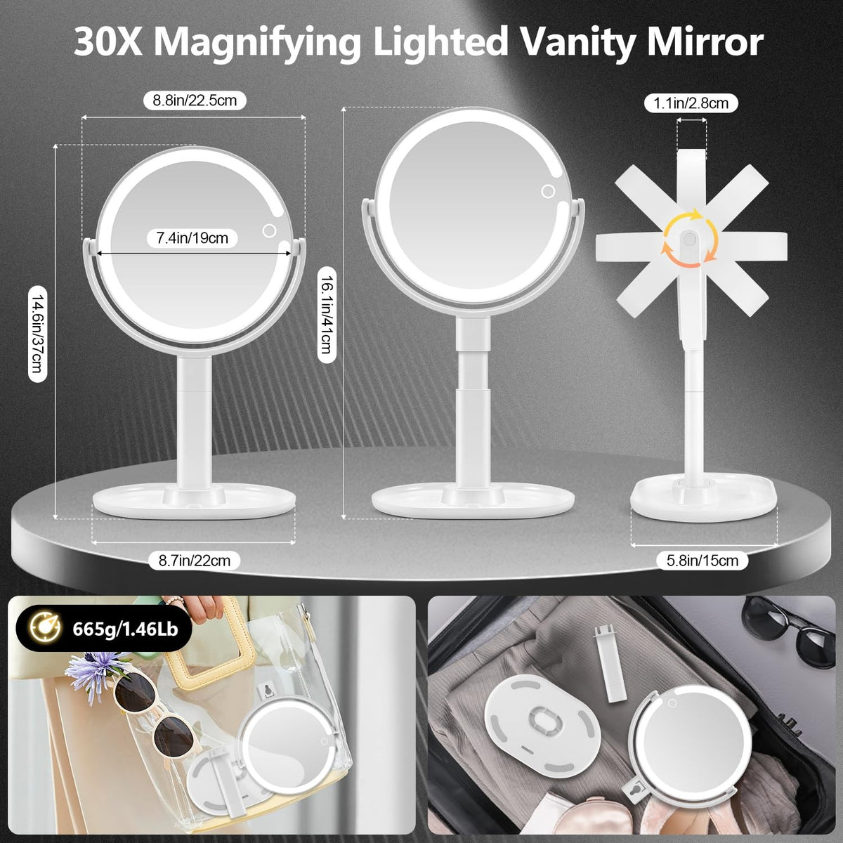 Lighted Makeup Mirror with 30X Magnification, Touch Control & Adjustable Brightness