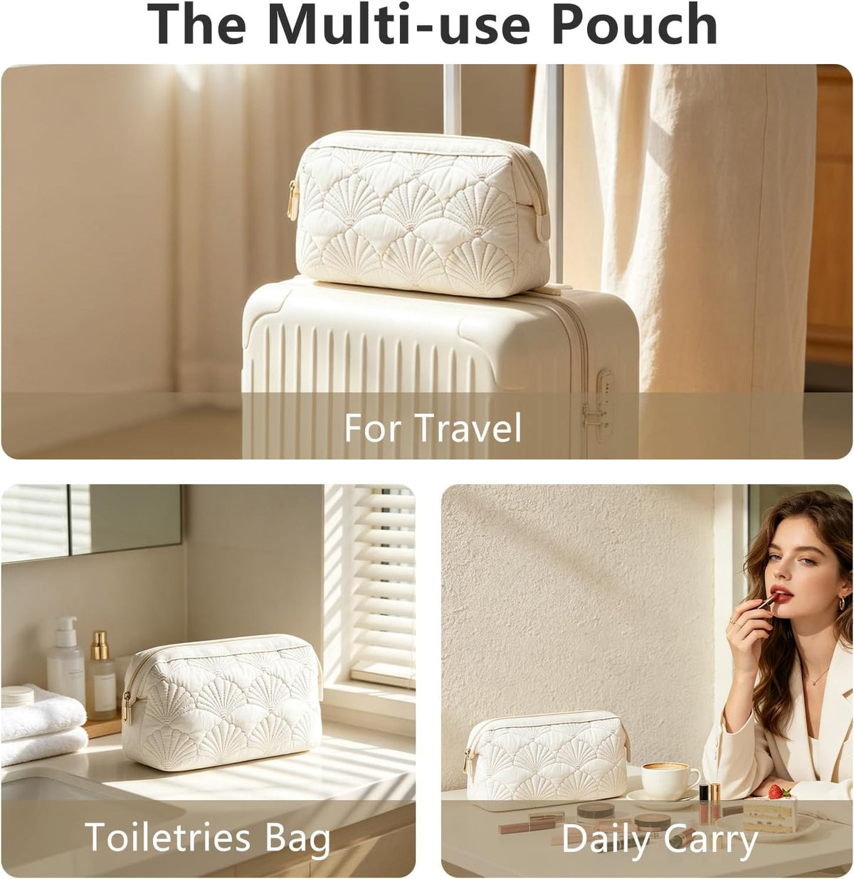Travel Makeup Bag for Women - White Shell Padded Cosmetic Pouch with Wide Opening