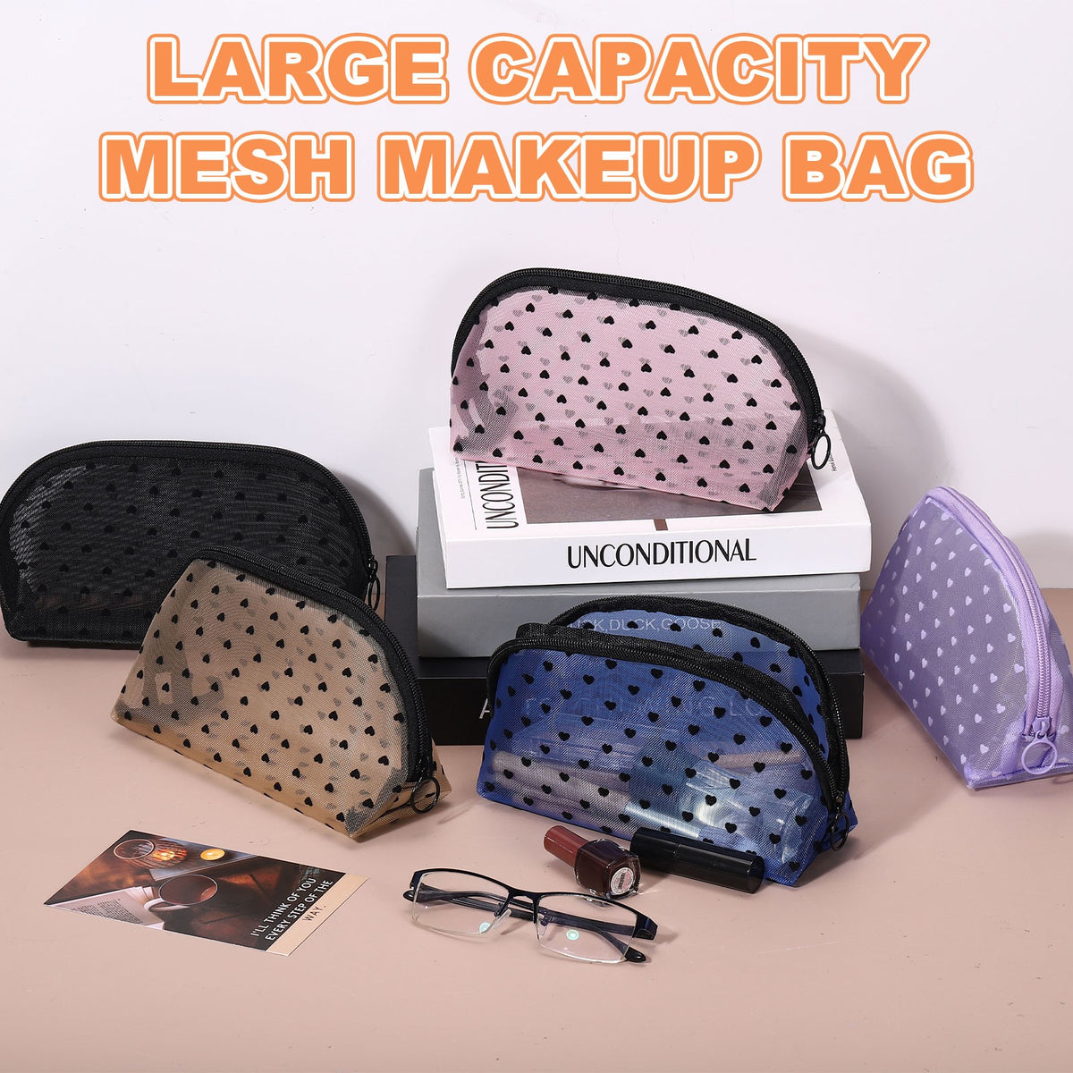 Black Mesh Makeup Bag with Heart Print - Portable Cosmetic Organizer