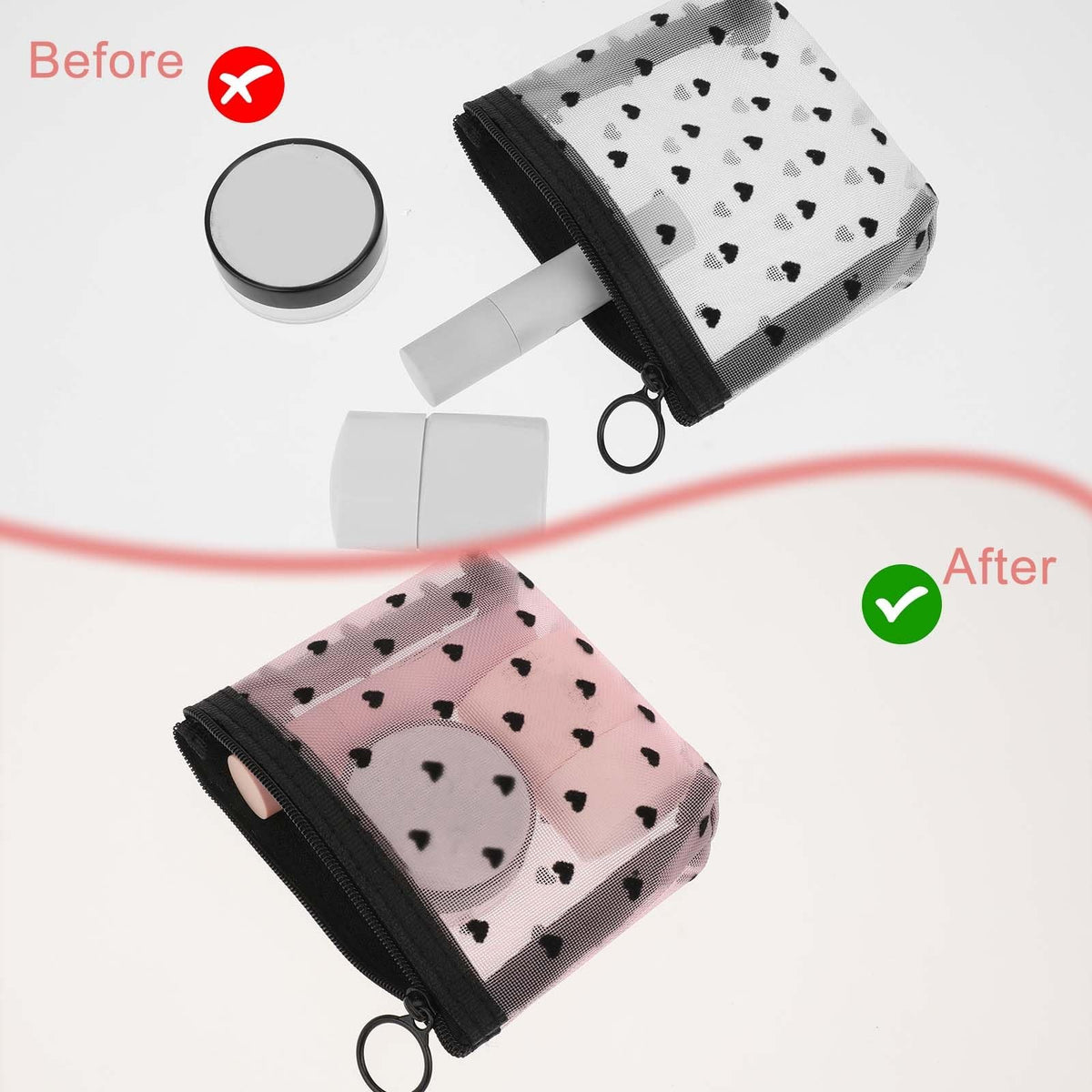 Mini Mesh Cosmetic Bags Set of 3 - Heart Print Travel Makeup Organizer