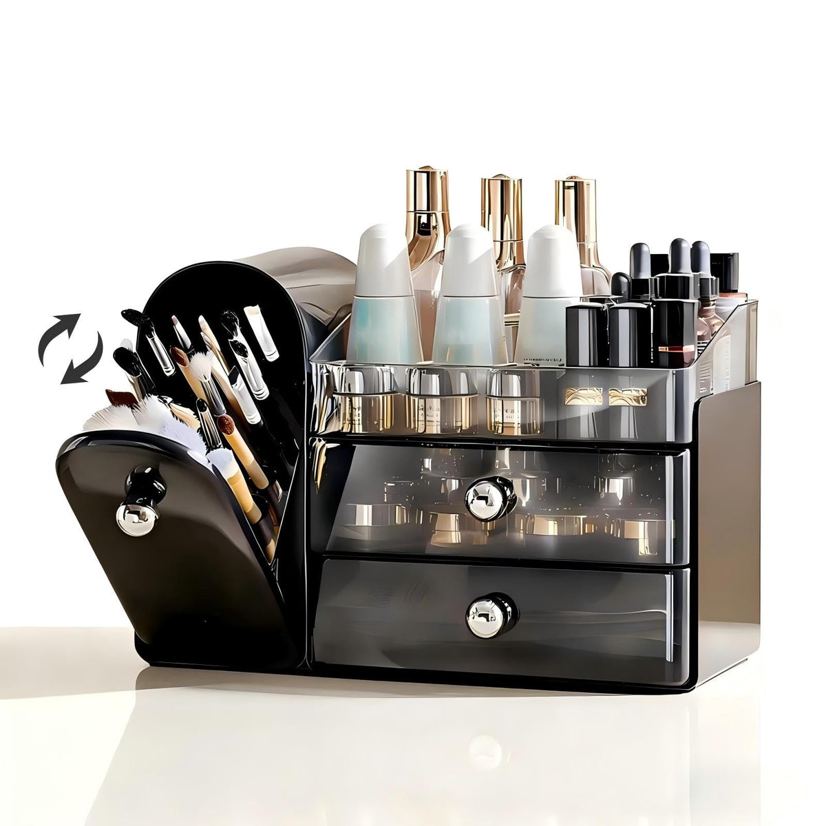 Makeup Organizer with Brush Holder and Drawers for Vanity - Black