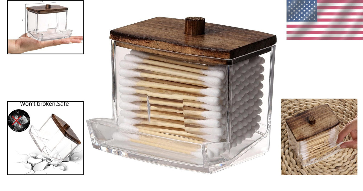 Cotton Swab Holder with Wooden Lid - Stylish Bathroom & Desk Organizer