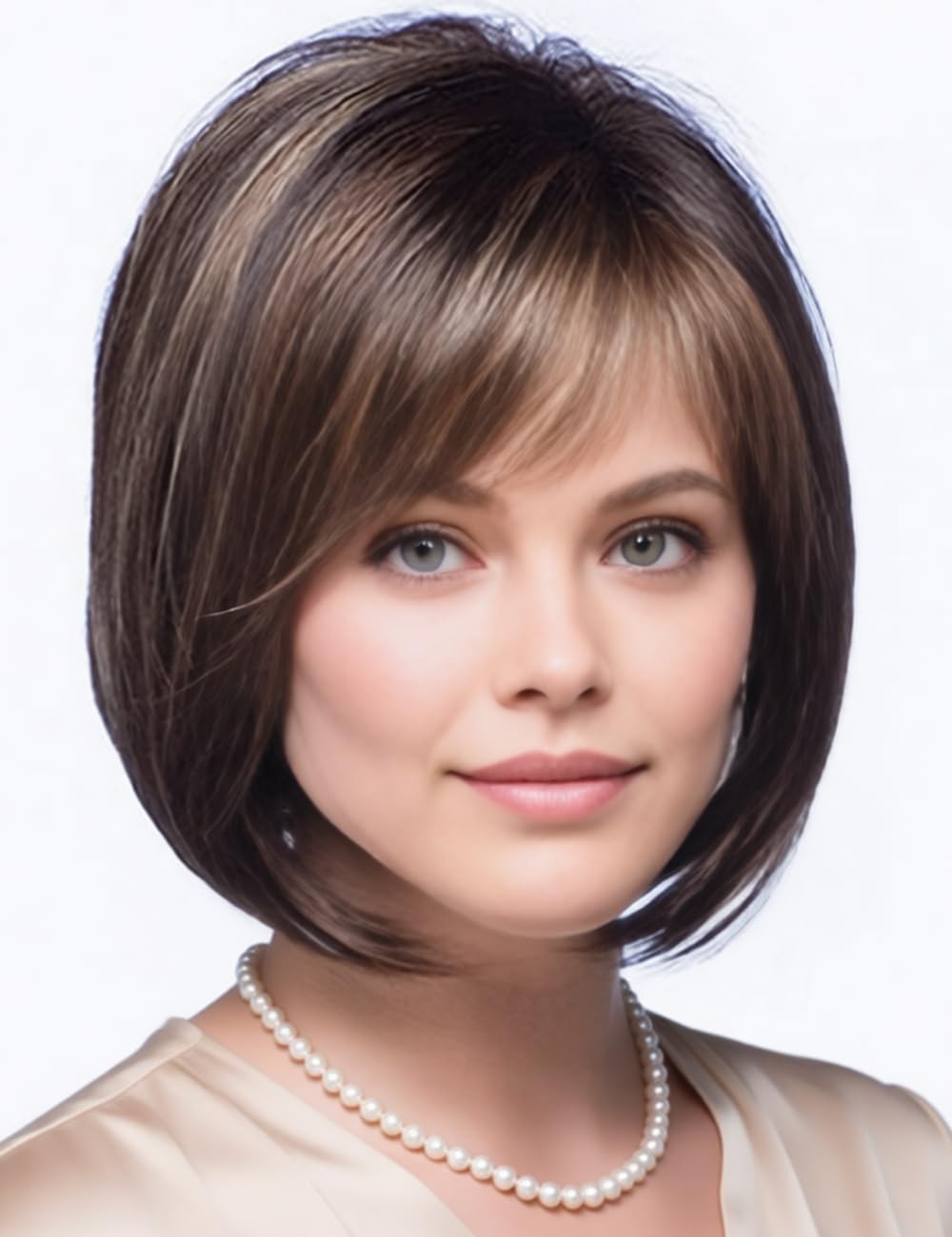 Brown Highlight Short Bob Wig with Bangs for Women Chin Length Layered Style