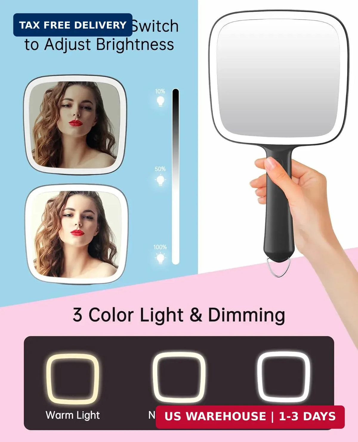 Lighted Hand Mirror with Dimmable LED Lights - Portable Makeup & Styling Mirror