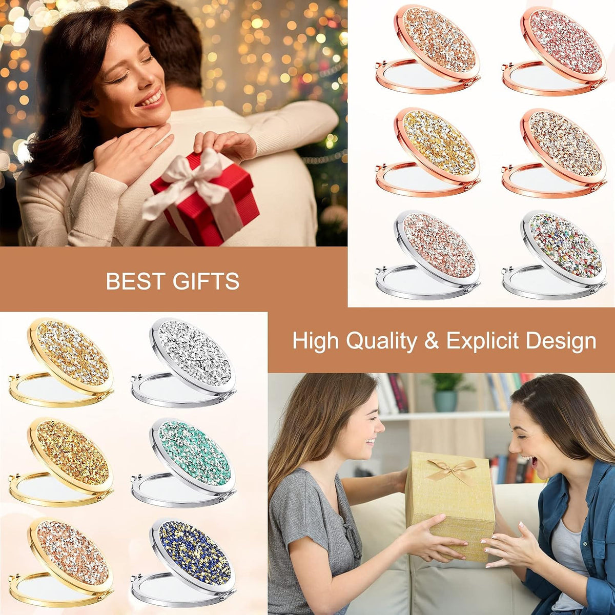 12 Pcs Compact Folding Makeup Mirrors with Rhinestone Outer, Double-Sided Magnification, Portable Handheld Cosmetic Mirrors