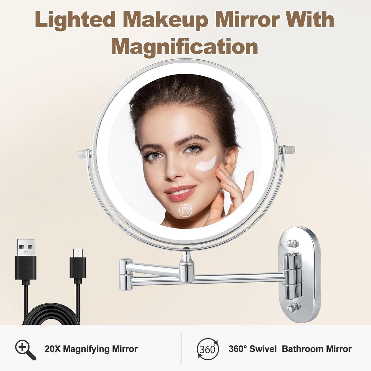 Rechargeable Lighted Wall Mount Makeup Mirror with 20X Magnification, 3 Light Modes