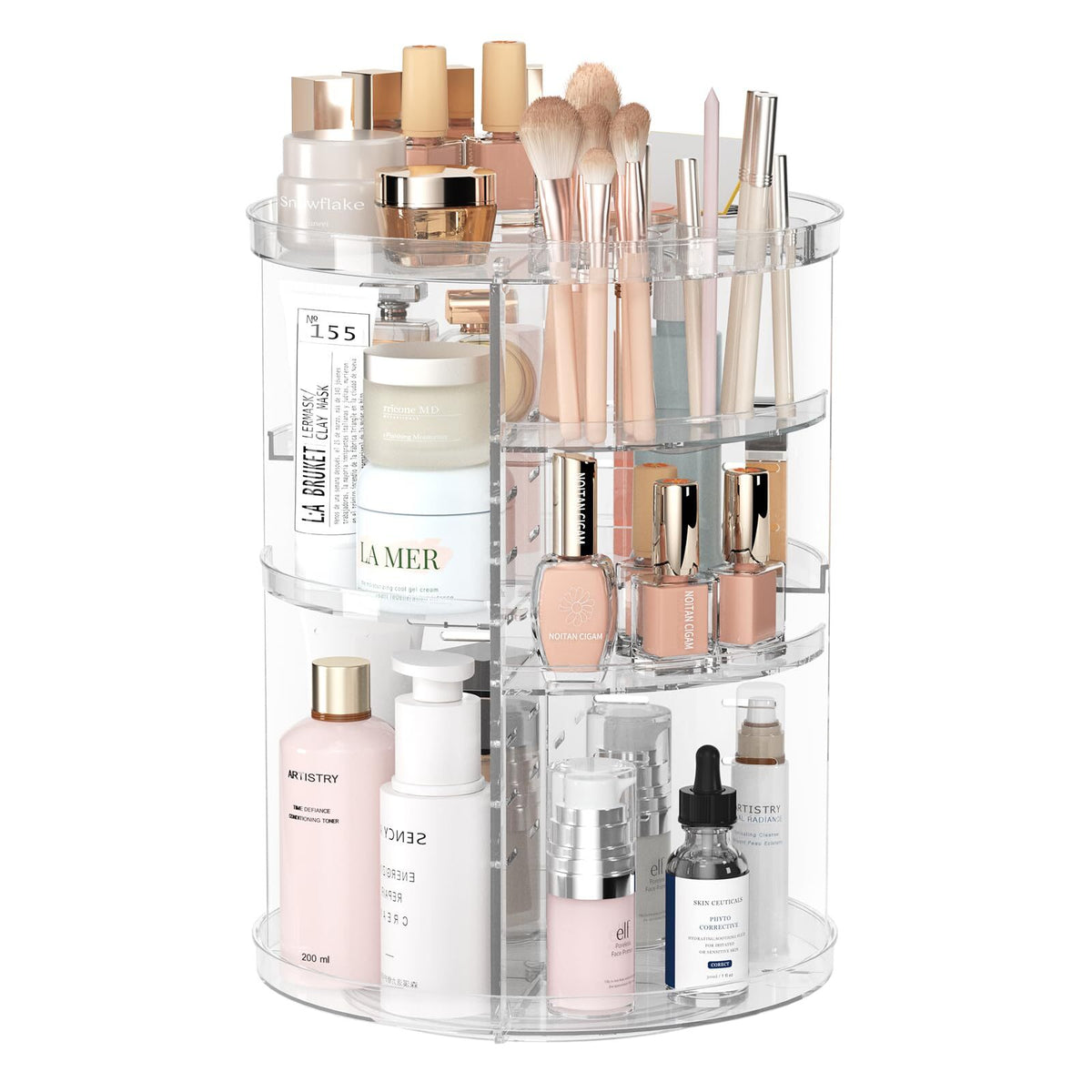 360 Degree Rotating Makeup Organizer with Adjustable Heights and Multiple Compartments