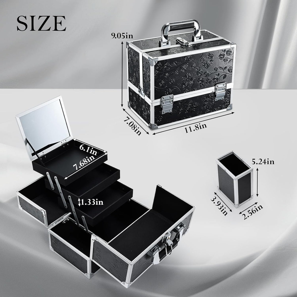 Large Black Floral Makeup Train Case - Portable 11.8 Inch Organizer