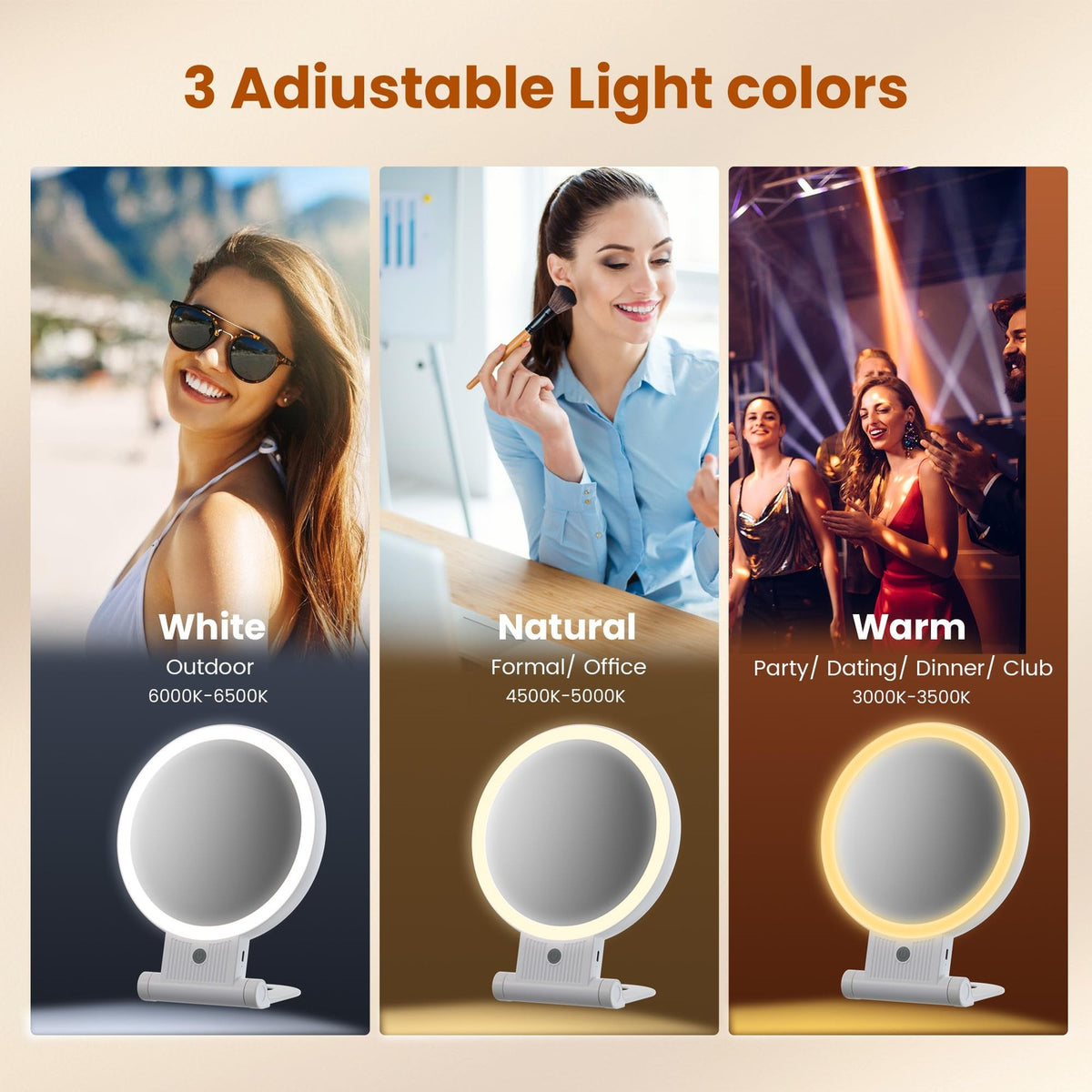 Lighted Makeup Mirror with 1X/30X Magnification, 3-Color LED, Rechargeable