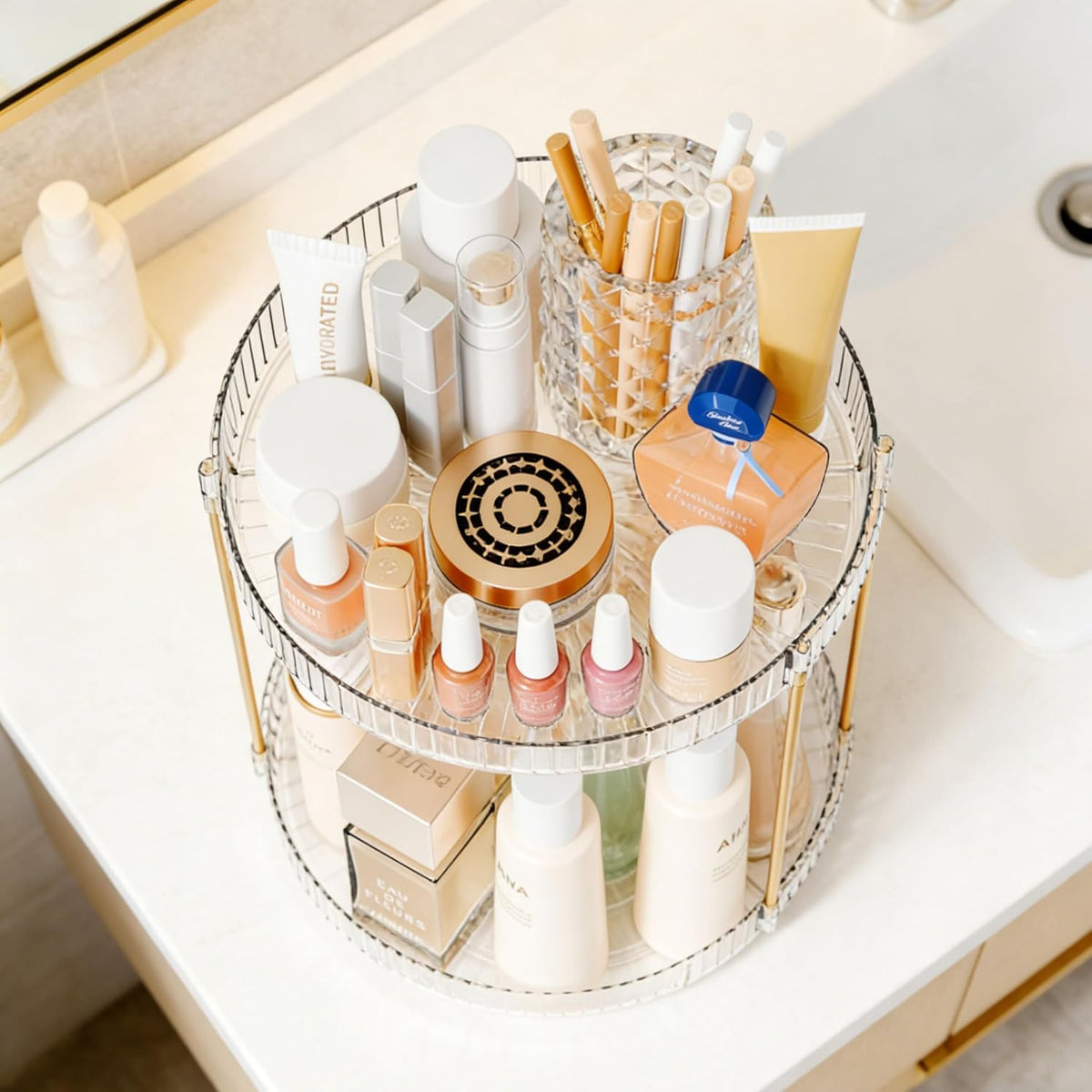 Acrylic 360° Rotating Makeup & Skincare Organizer, 2-Tier Clear Vanity Storage