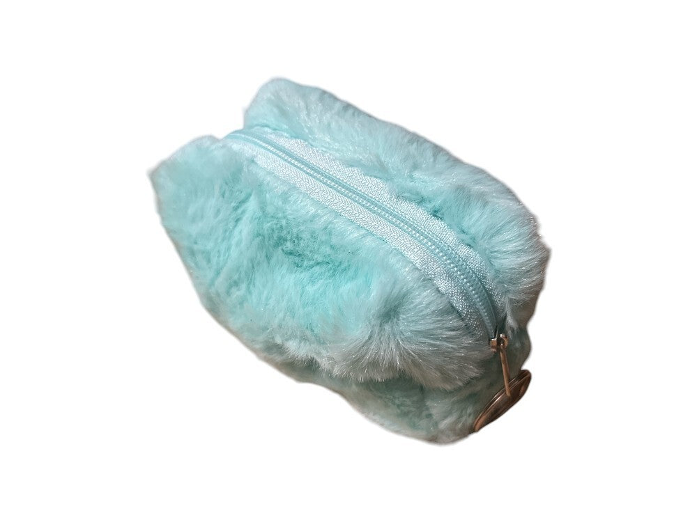 Turquoise Faux Fur Mini Cosmetic Bag with Zipper & Key Ring - 4.5 Inch