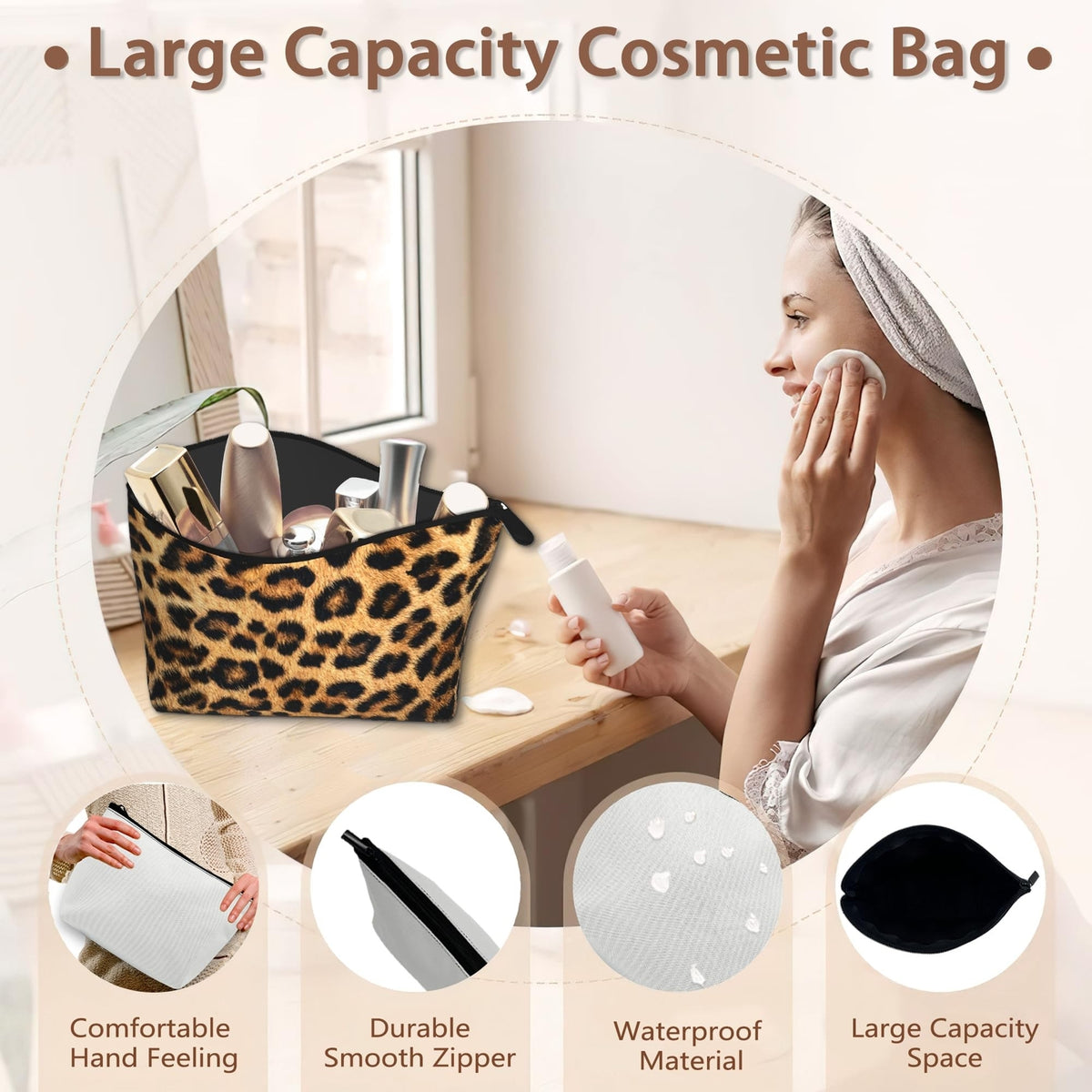 Brown Leopard Print Makeup Bag - Portable Cosmetic Organizer for Women