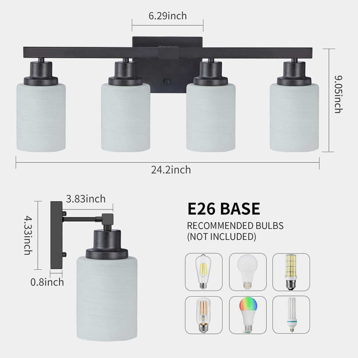 4-Light Matte Black Bathroom Vanity Light with White Glass Shades