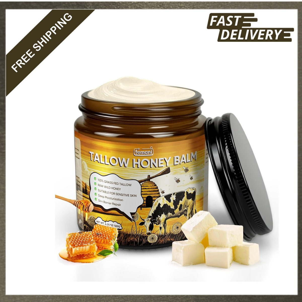 Beef Tallow Face and Body Balm 4 Oz Organic Grass-Fed Raw Honey