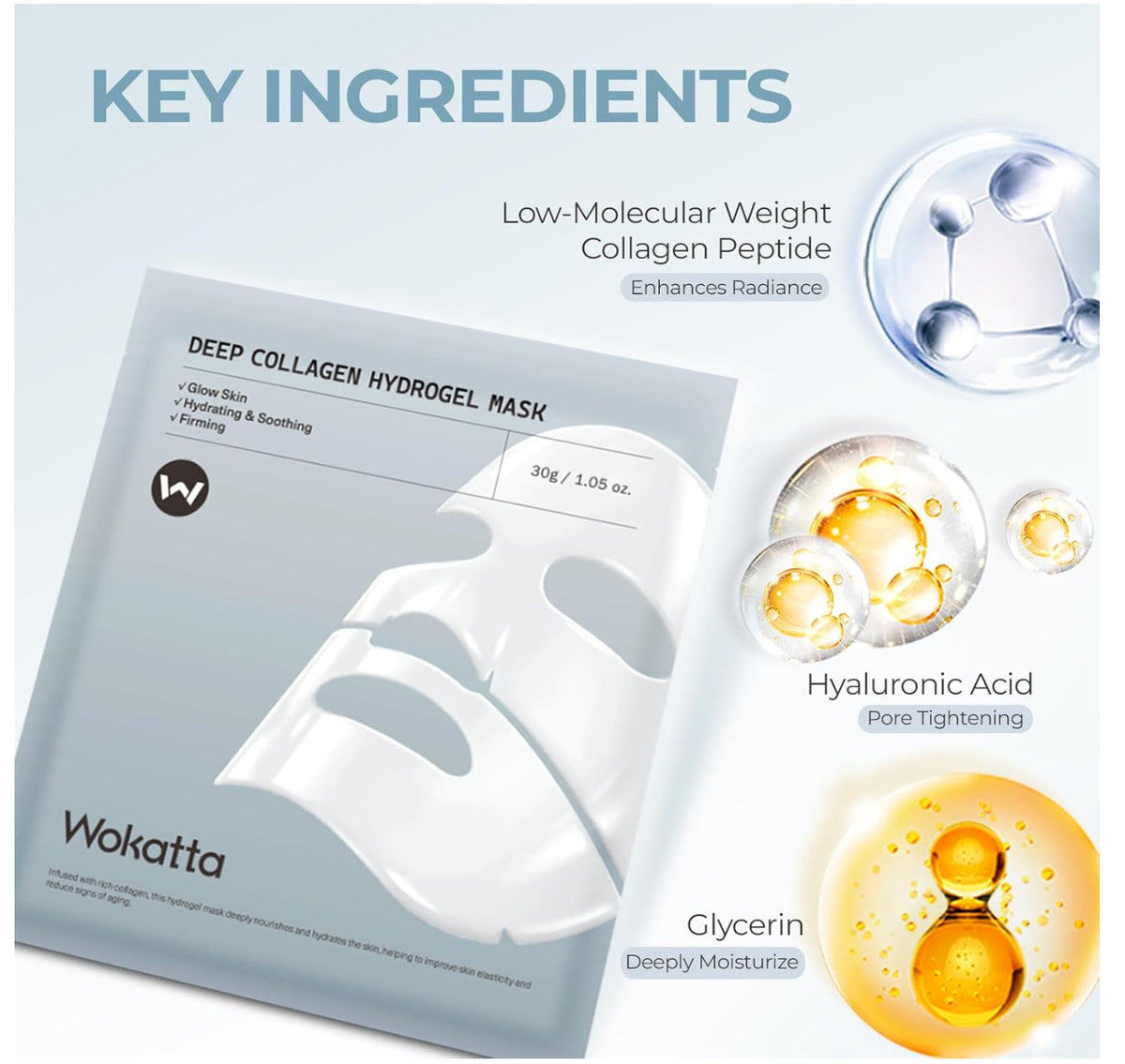 Collagen Hydrogel Face Mask, Overnight Hydrating Sheet Mask 30g×6ea