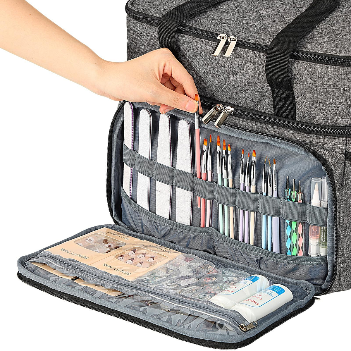 Double Layer Nail Polish Organizer with Lamp & Pouches - Holds 80 Bottles