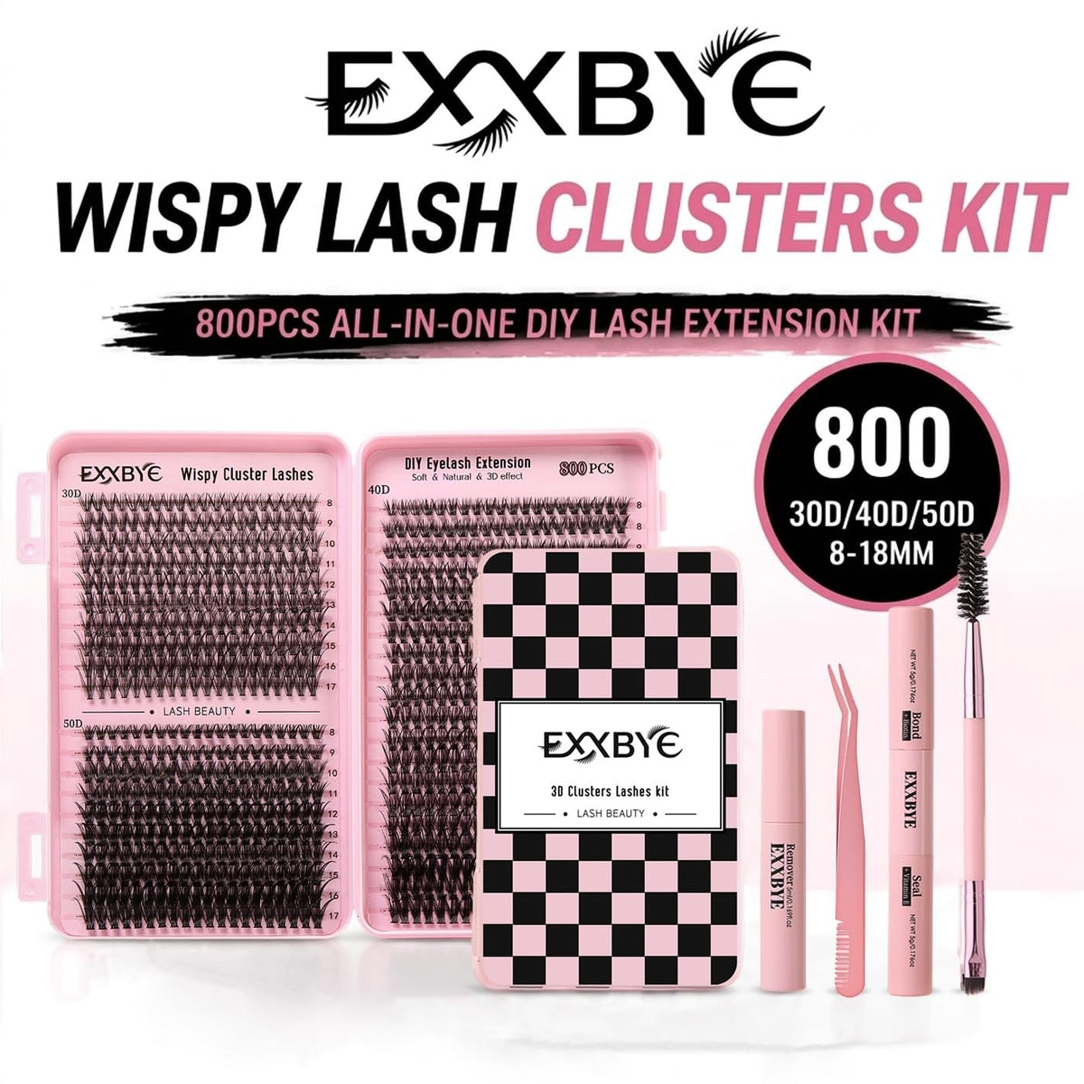 DIY Eyelash Clusters Kit 800pcs with Bond, Seal, Tweezers & Remover