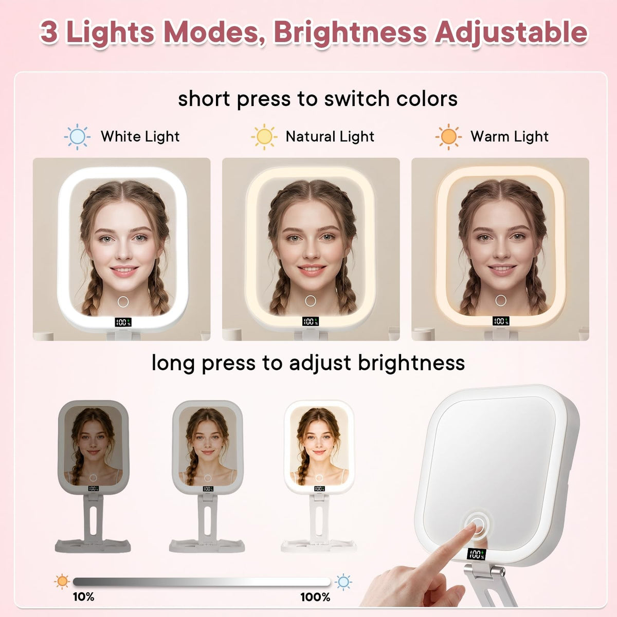 Travel Makeup Mirror with Lights, 10X & 1X Magnification, Dimmable LED, Foldable & Portable