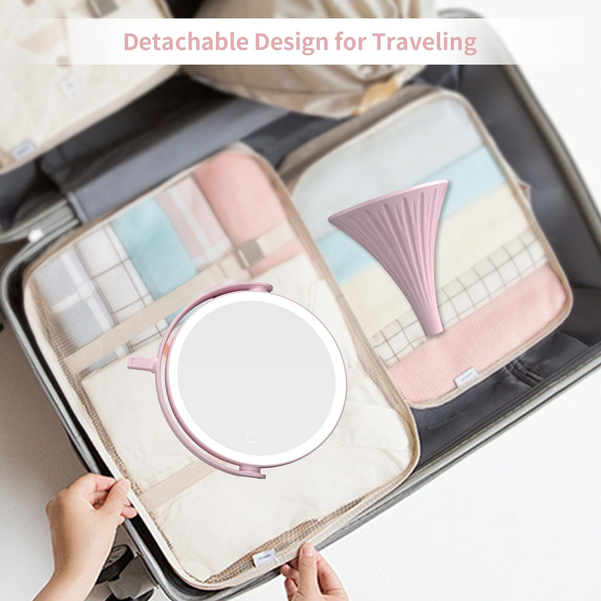 Lighted Makeup Mirror with 10X Magnification, LED Vanity Mirror for Desk, 360° Rotatable, Dimmable & Color Changing - Pink