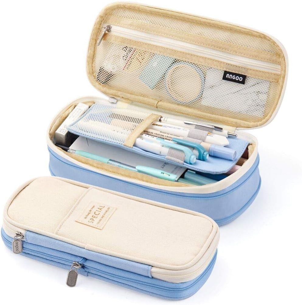 Spacious Light Blue Pencil Case - Multi-Function Office & School Organizer