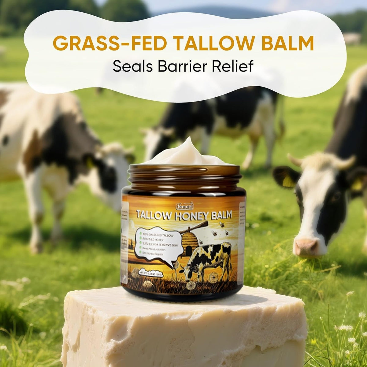 Beef Tallow Face and Body Balm 4 Oz Organic Grass-Fed Raw Honey