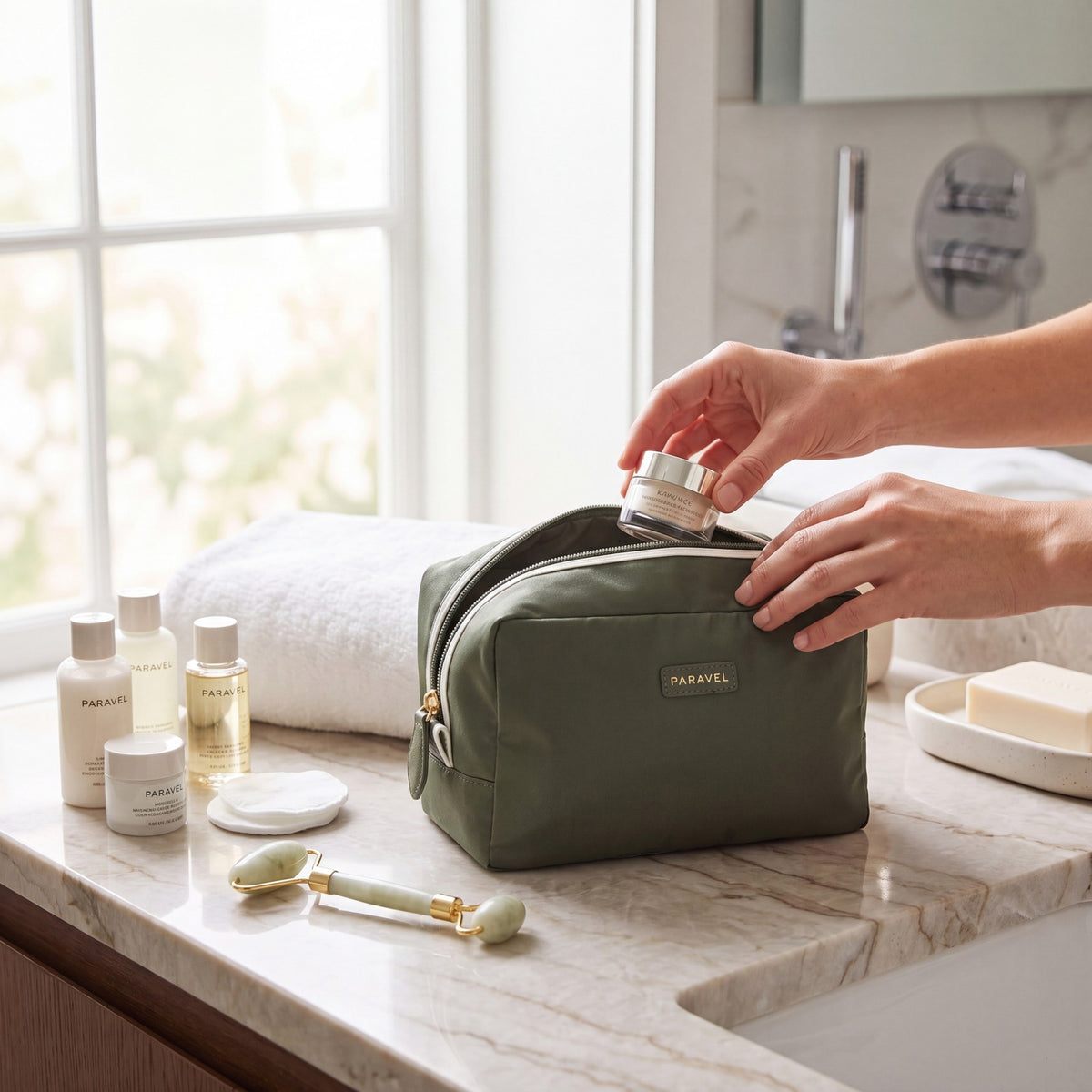 Travel Toiletry Bag Organizer - Safari Green Carry-On Case
