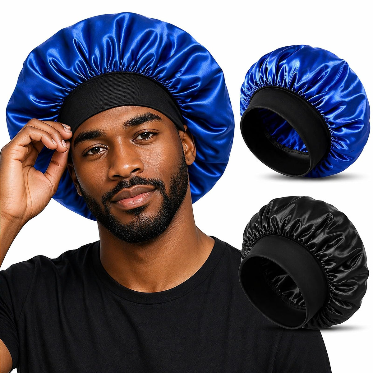 ZHENSILK 2PCS Silk Satin Bonnet for Men 14.2 Inch, Color-a Black+blue
