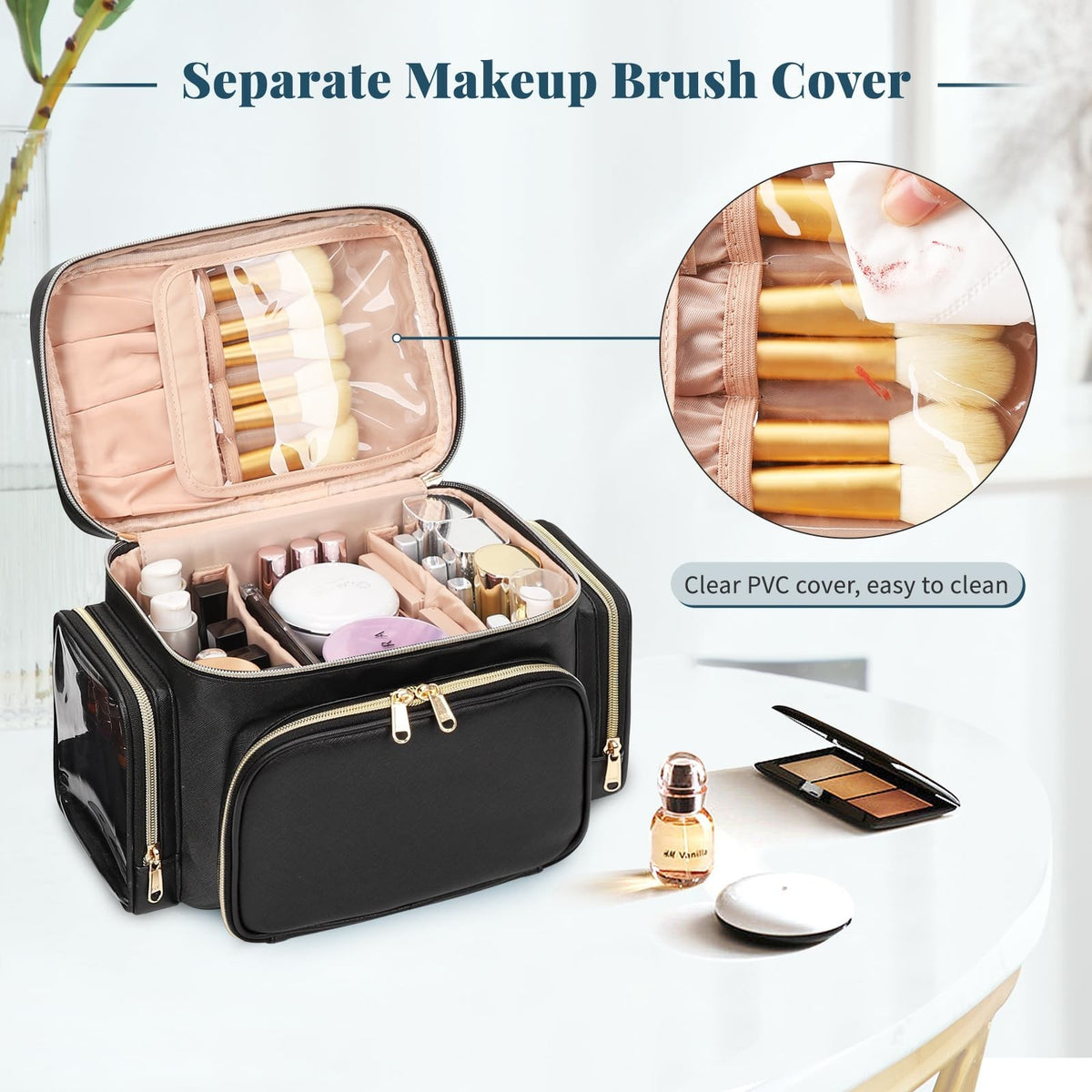 Large Travel Makeup Bag Organizer with Brush Compartments & Pockets - Waterproof Cosmetic Bag for Women & Girls