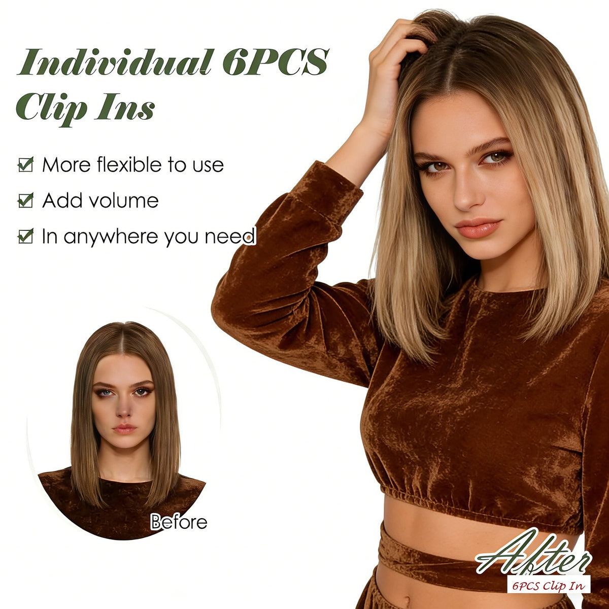 6PCS Clip-In Short Hair Extensions 100% Human Hair, Multiple Colors & Lengths
