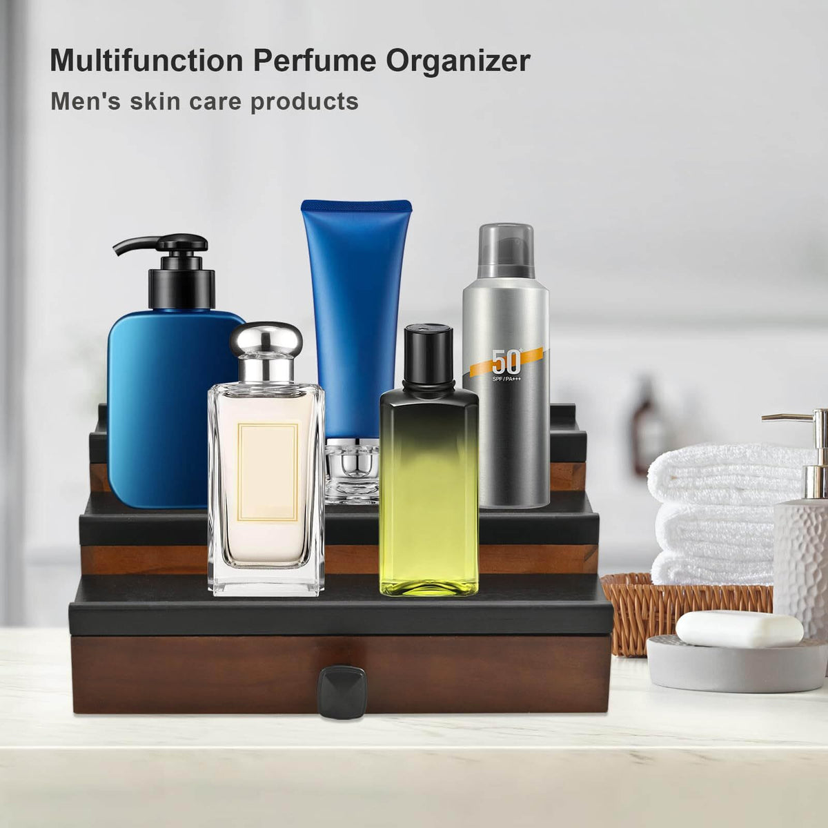 Wooden Cologne Organizer Stand for Men 3 Tiers with Drawer and Hidden Compartment