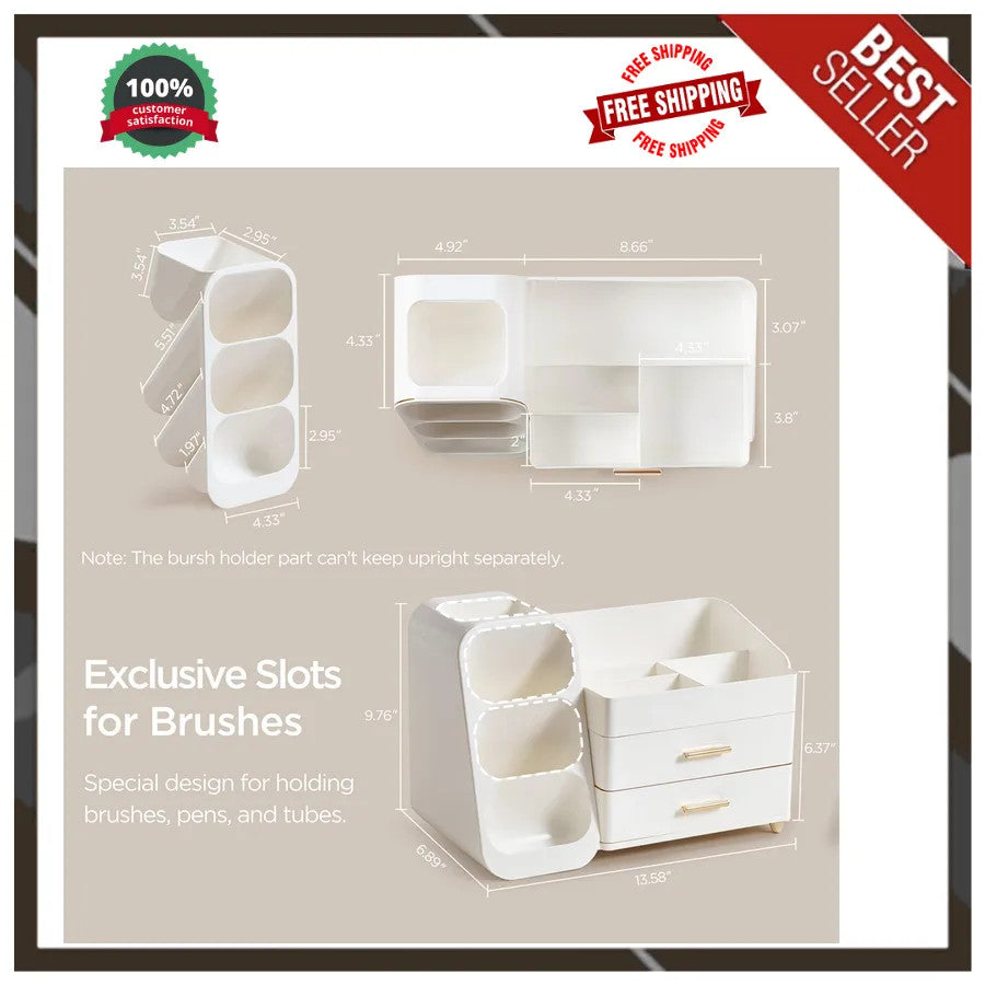 Large Plastic Makeup Organizer with Drawers and Brush Slots - White Vanity Storage
