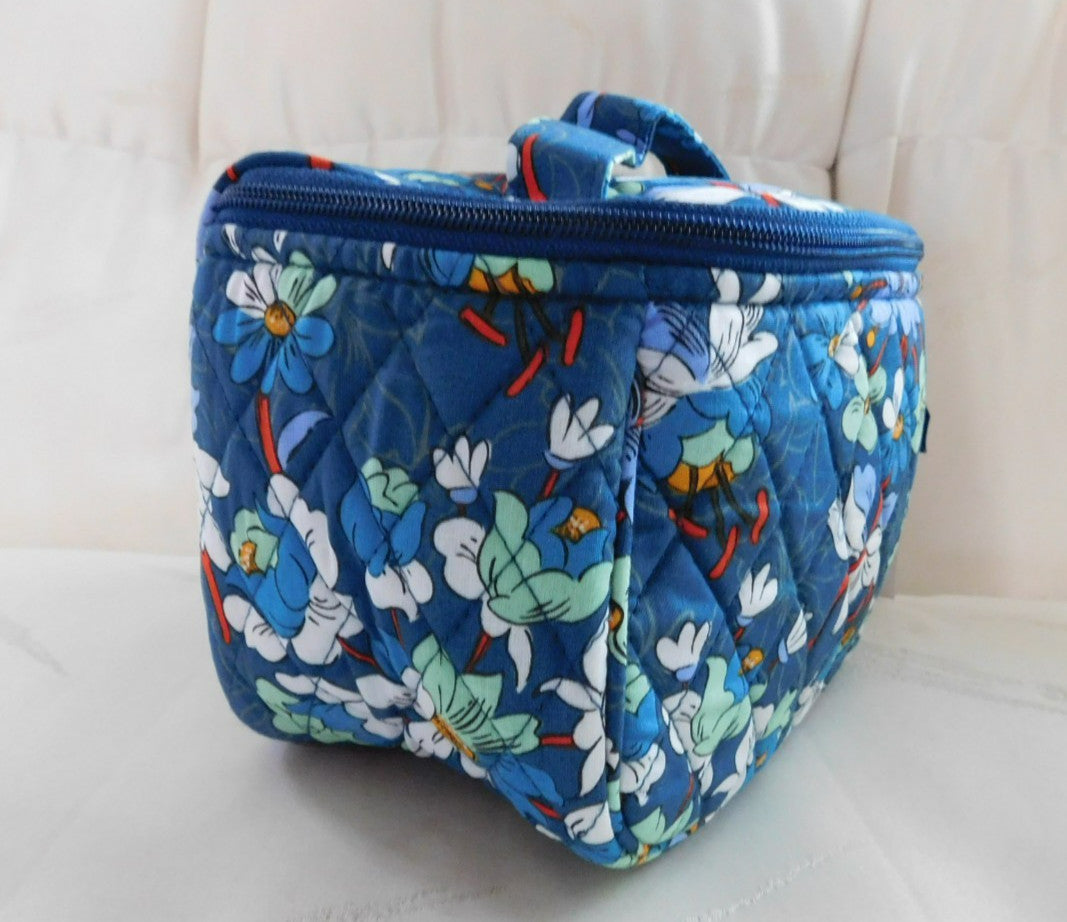 Travel Cosmetic Bag - Floral Pattern, Blue, Zip Closure, Inner & Mesh Pockets