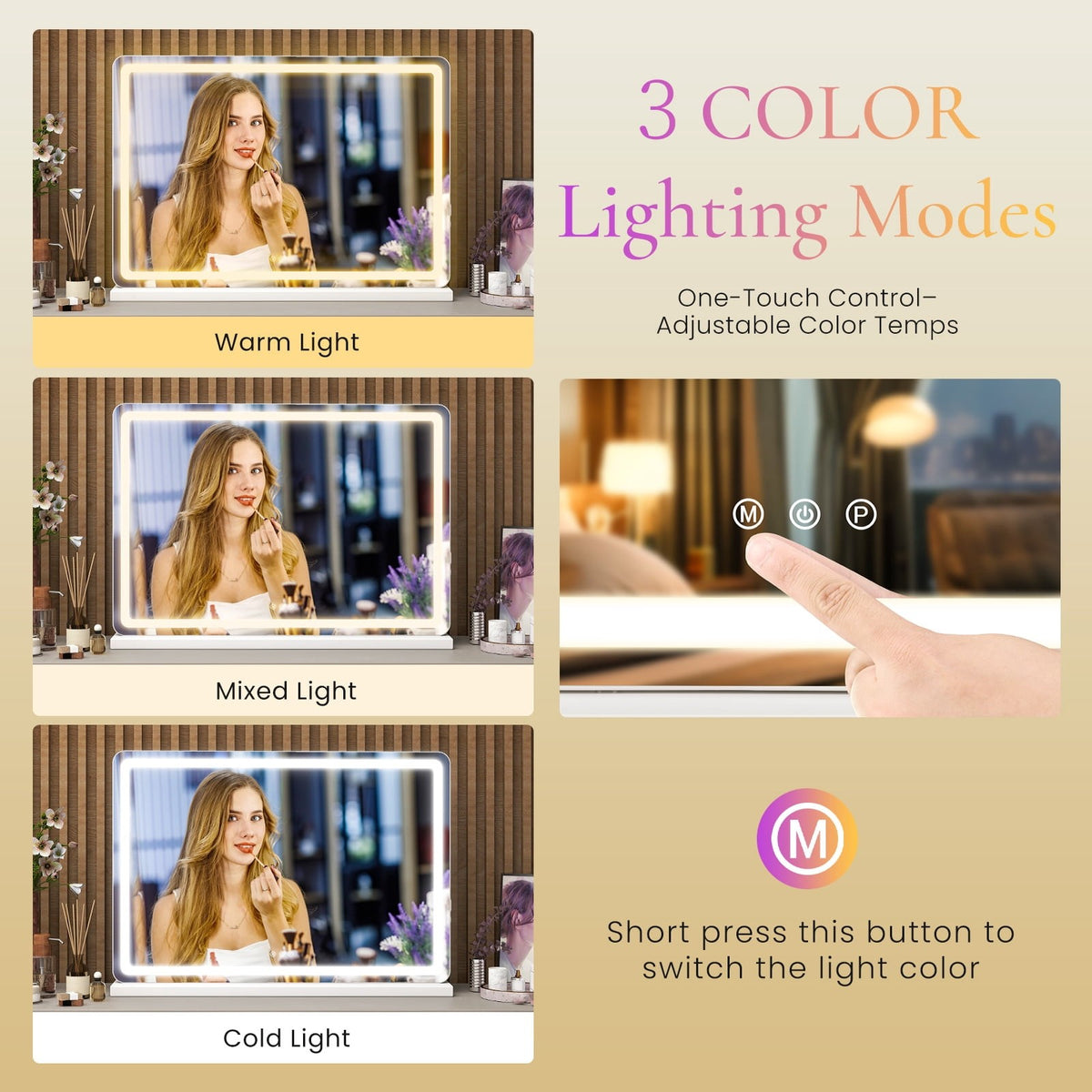 Touch Makeup Mirror 19x22 with LED Lights, Adjustable Brightness & 3 Color Modes