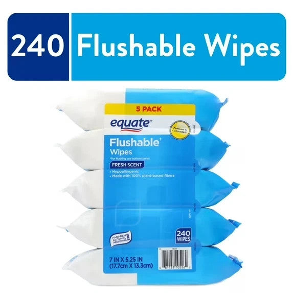 Hypoallergenic Flushable Wet Wipes with Fresh Scent - 240 Count, 5 Pack