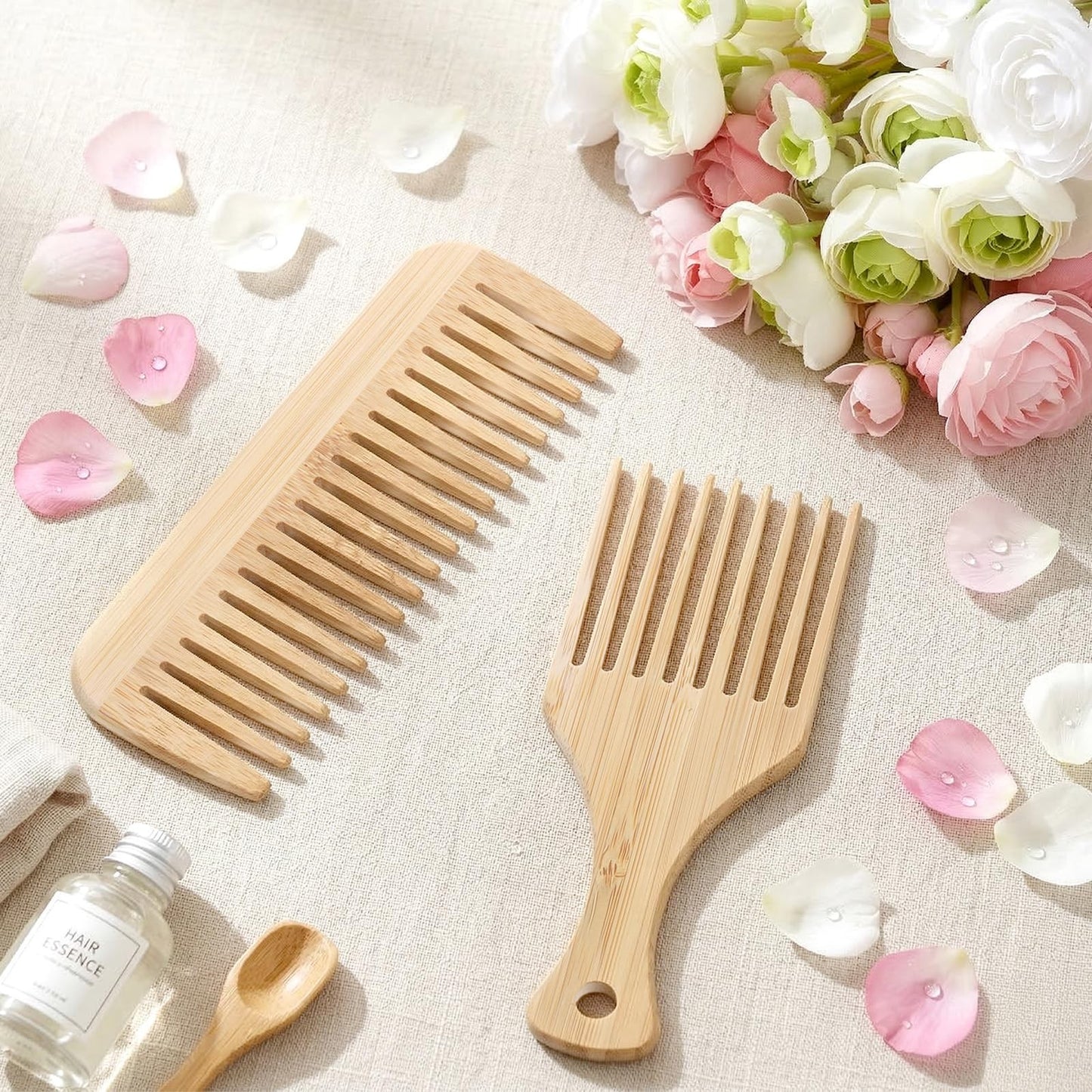 Bamboo Hair Pick & Wide Tooth Comb Set - Eco-Friendly Wooden Detangling Tools