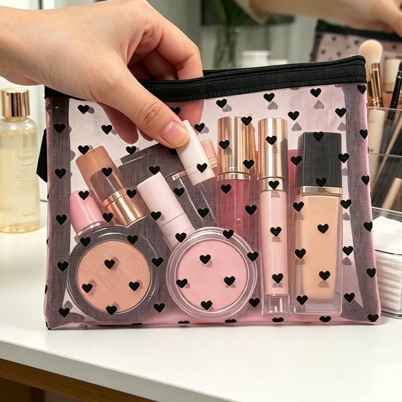 Heart Print Mesh Makeup Bags Set - 4 Pcs Cosmetic & Toiletry Organizer