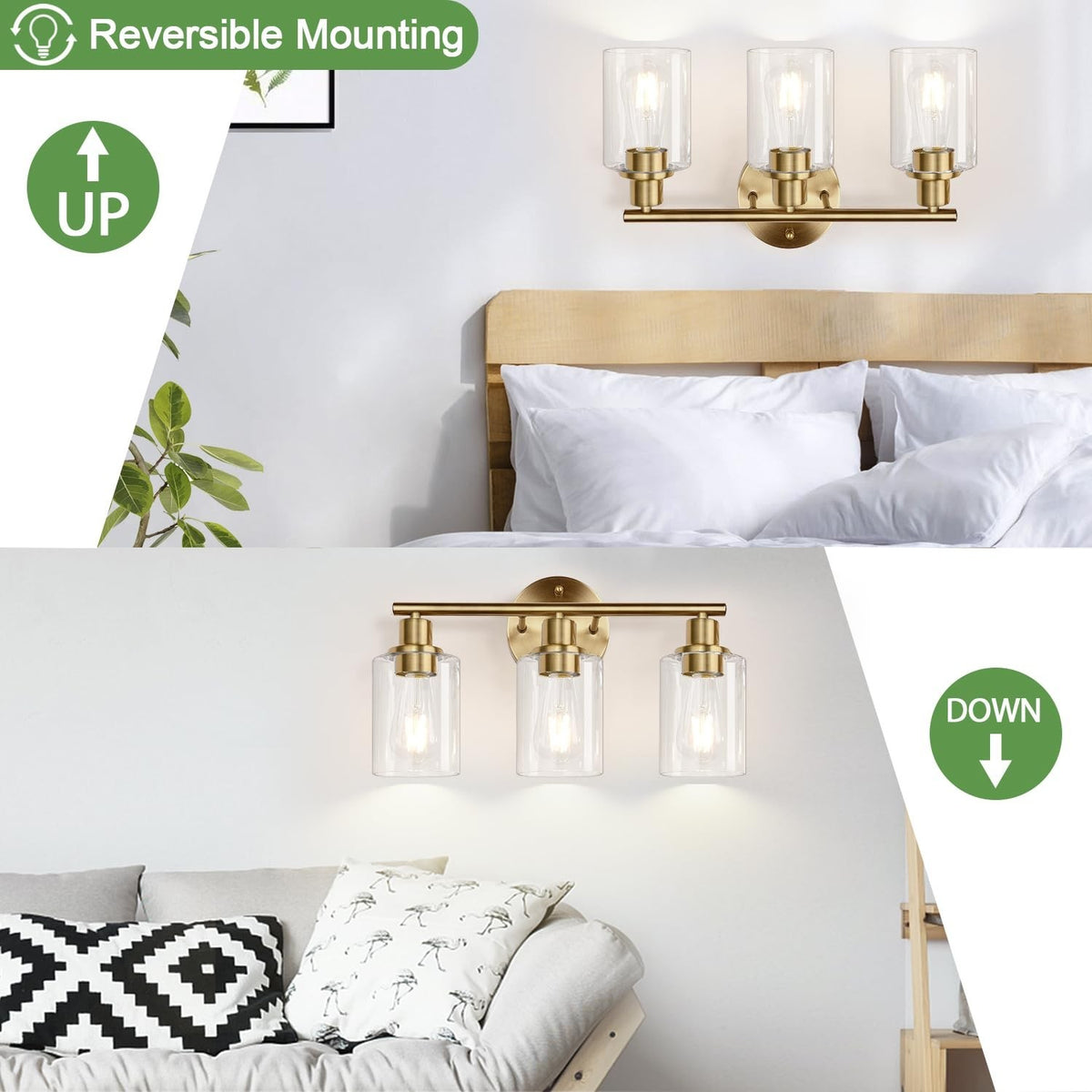 3-Light Modern Bathroom Wall Sconce with Clear Glass Shades - Brushed Brass Finish