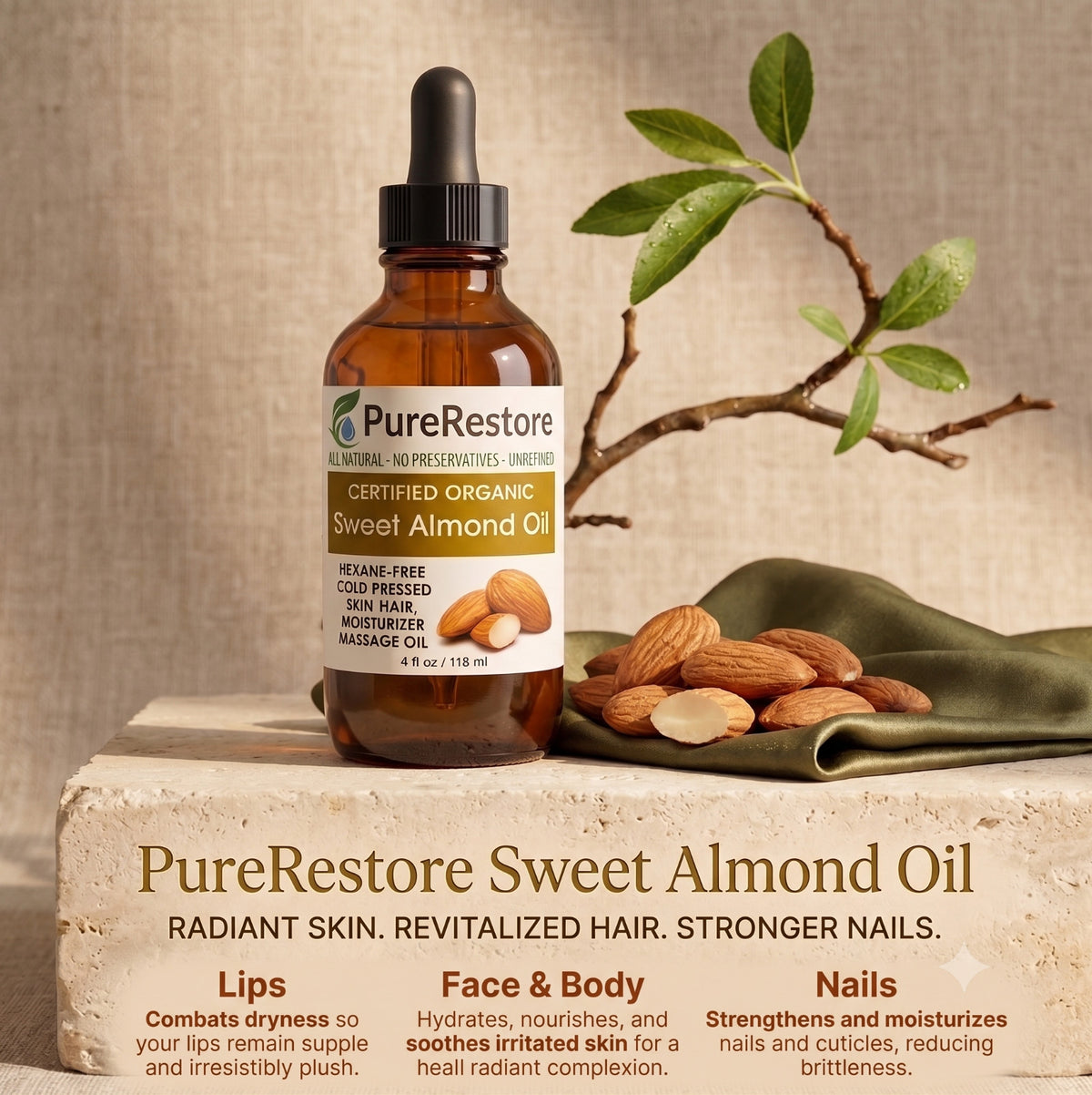 Organic Sweet Almond Oil - 100% Pure Cold-Pressed Body & Hair Oil