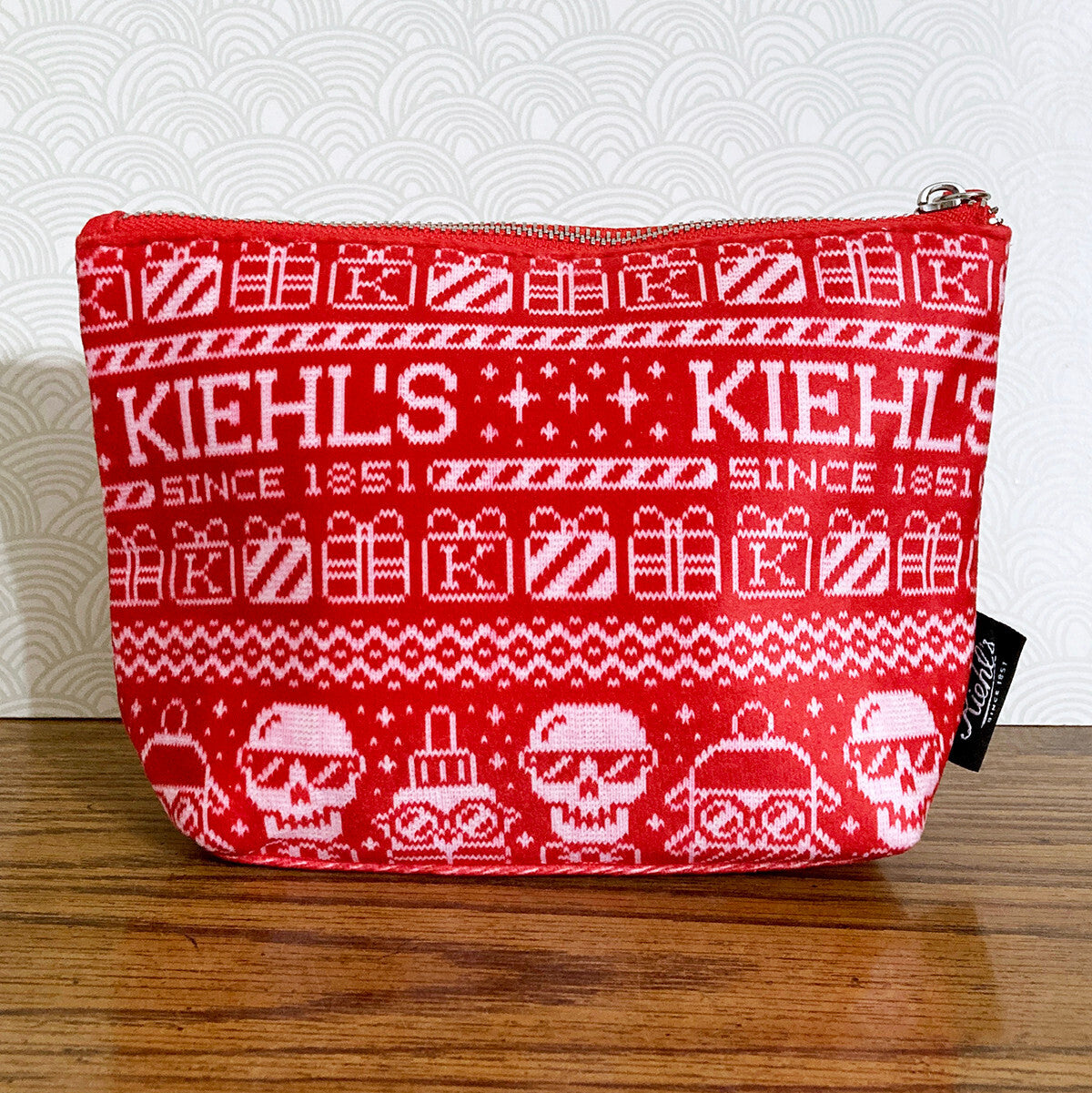 Kiehls Skull Red Velour Cosmetic Bag Small Travel Pouch Holiday Gift