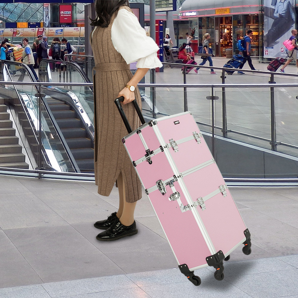 3-in-1 Aluminum Rolling Makeup Trolley Case with Casters for Cosmetics & Salon Use