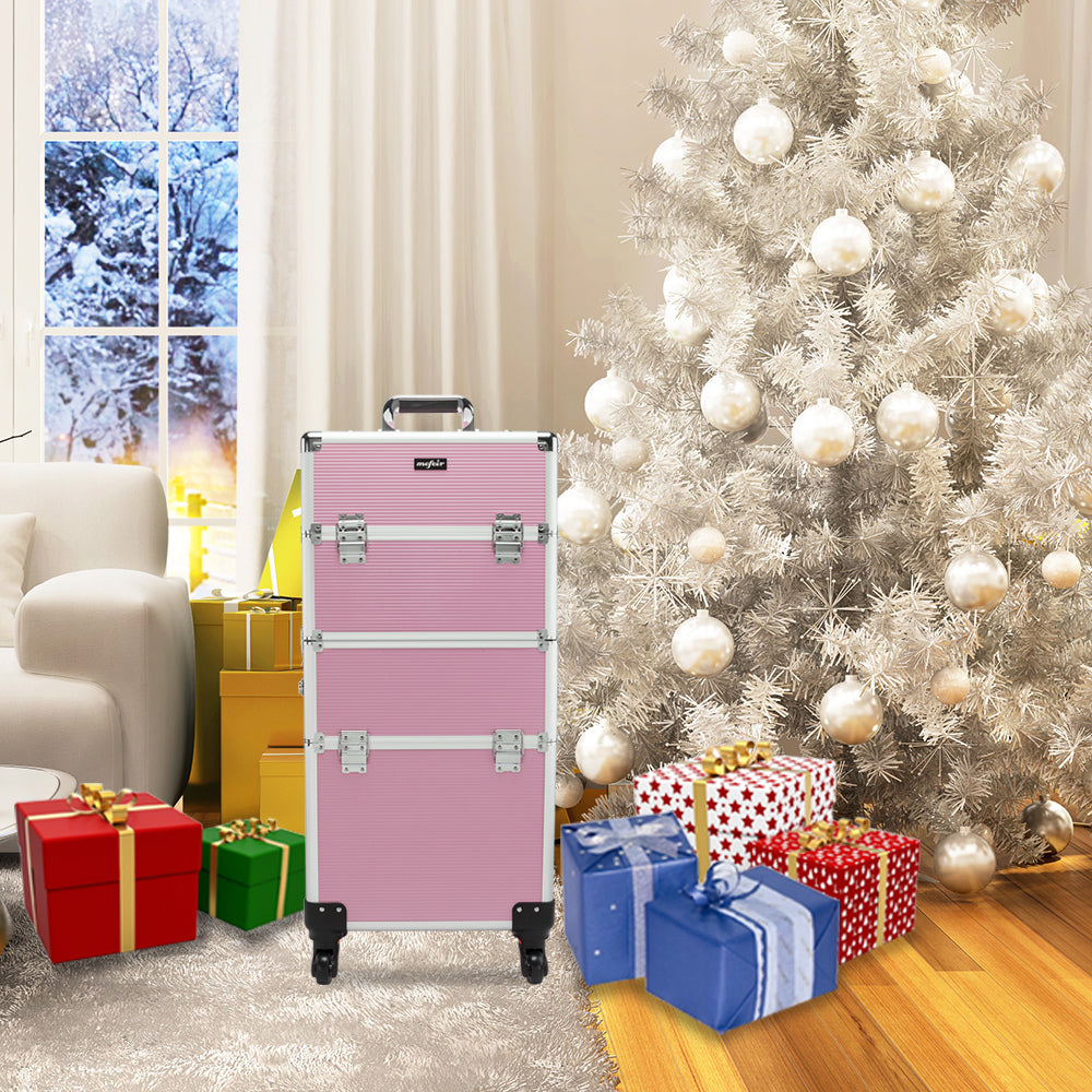 3-in-1 Aluminum Rolling Makeup Trolley Case with Casters for Cosmetics & Salon Use