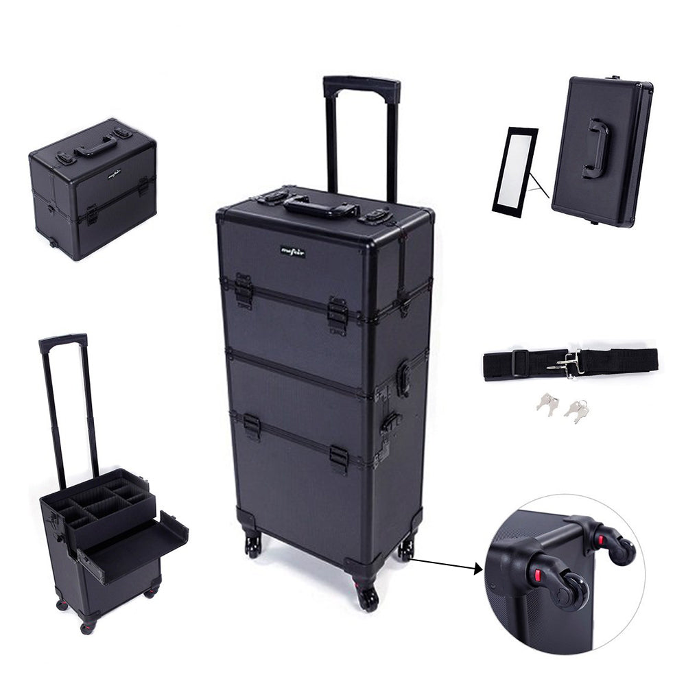 Large 3-in-1 Rolling Makeup Train Case with Swivel Wheels - Professional Cosmetic Trolley